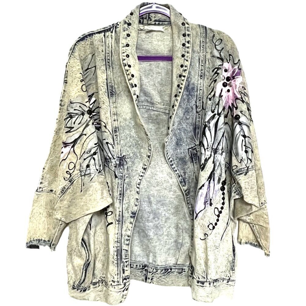 Vintage 90s one of a kind oversized denim jacket with hand painted  embellished - Picture 3 of 16
